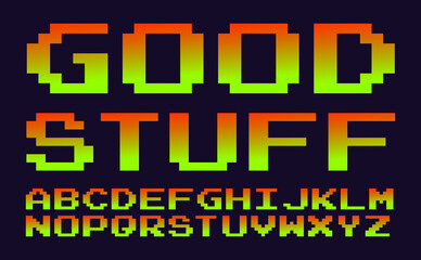 Good stuff,pixel alphabet.Vector Illustration.Dark purple space background.