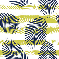 Fototapeta na wymiar Tropical pattern, palm leaves seamless vector floral background. Leaves of palm tree on paint lines. Exotic plant on stripes. Summer nature jungle print. brush strokes print