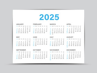 Calendar 2025 template - 12 months yearly calendar set in 2025, Planner, wall calendar, vector illustration