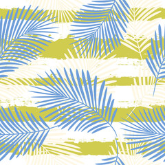 Fototapeta na wymiar Tropical pattern, palm leaves seamless vector floral background. Leaves of palm tree on paint lines. Exotic plant on stripes. Summer nature jungle print. brush strokes print