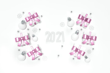 Obraz premium 2021 Pink metallic happy new year and christmas ball ornaments decoration object group on white background 3d rendering. 3d illustration Pink colored number Festive poster or banner design.