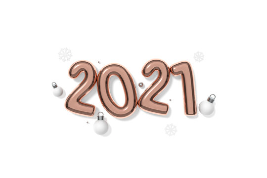 2021 Rose gold metallic happy new year and christmas ball ornaments decoration object group on white background 3d rendering. 3d illustration Pink Golden colored number Festive poster or banner design