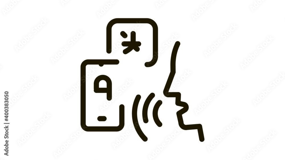 Poster voice interpreter translator icon animation. black human speaking and smartphone interpreter transla