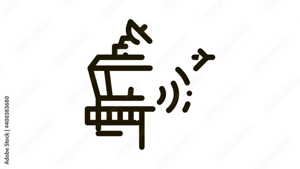 Poster airport control tower radar icon animation. black air flight controller tower concept linear pictogr