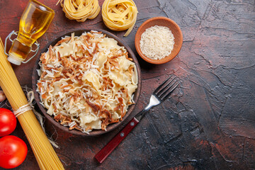 top view sliced cooked dough with rice on dark background dark pasta dish dough