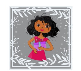 Cute happy African American brunette girl with gifts Emotion kids. Decorative vector illustration on a gray background with space for text.
