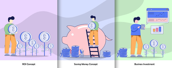 Financial Management Activity Graphic Set. Return On Investment Concept, Saving Money Concept, Business Investment concept Vector Illustration Design