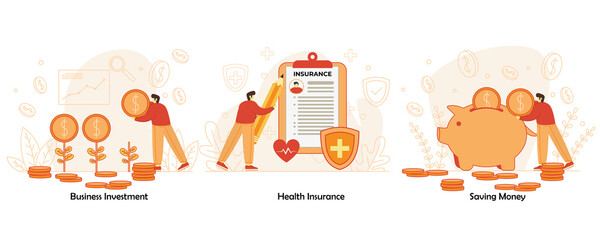 Financial Management Activity Graphic Set. Business Investment, Health Insurance, Saving Money Vector Illustration Design