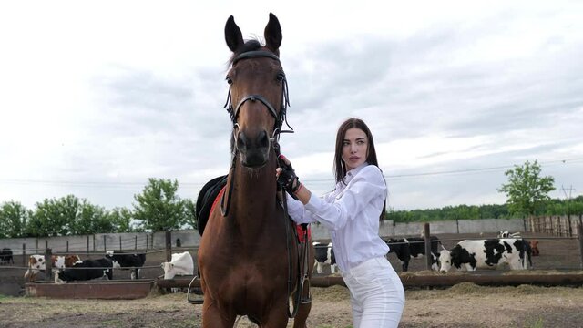 Girl with hourse. Smiling woman and her horse on the farm