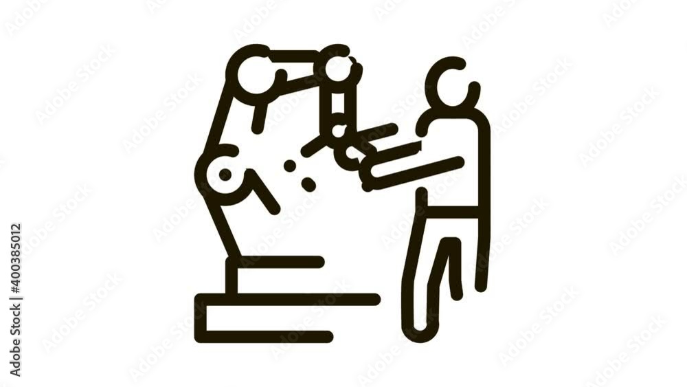 Poster man and robot arm icon animation. black man and robot arm animated icon on white background
