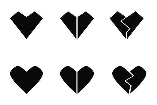 Set of six different black hearts - whole hearts and broken hearts for different designs purposes. Various geometry, monochromatic color and minimalism.