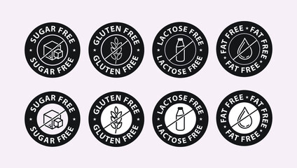 gluten free icon, fat free icon, lactose free icon, sugar free icon, black color vector illustration