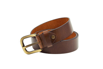 A rolled-up brown leather belt with a metal buckle on a white background is isolated.