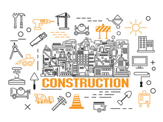 construction icons set and building line, vector design.