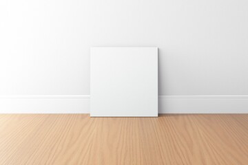 empty white square canvas with white wall and wood floor