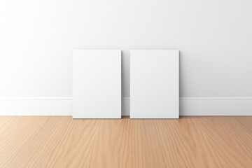 empty white set of 2 a4 canvas with white wall and wood floor