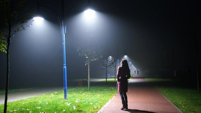women in a pink coat approaches a lamppost at night and looks up at the bright light. Green grass, leaves, autumn, fog, sidewalk.