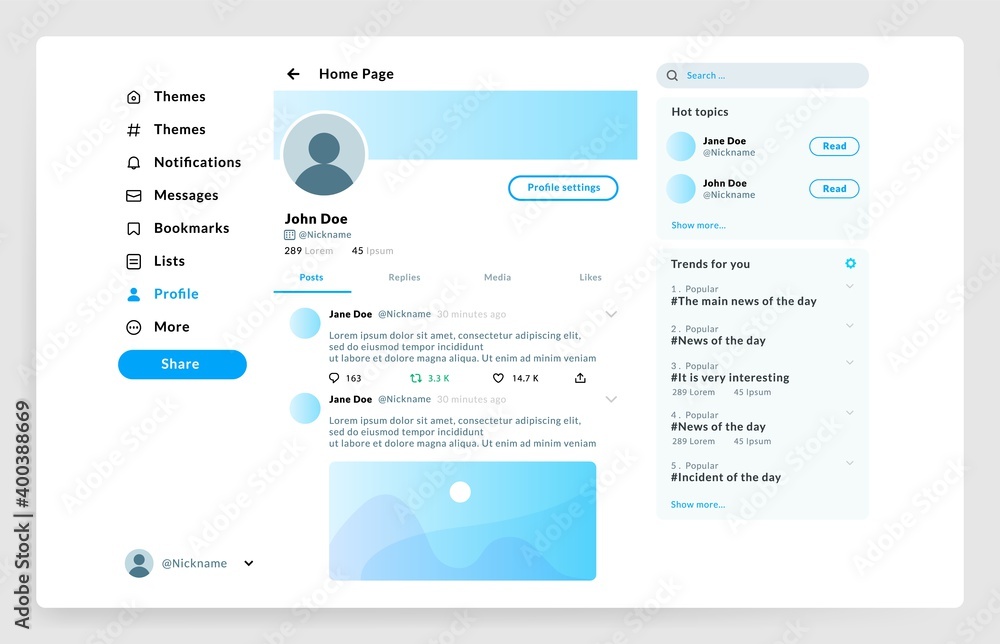 Poster Social page interface. User profile UI mockup. Network account with control menu and profile photo, topics or place for posts. Web template with text and buttons, vector application
