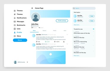 Social page interface. User profile UI mockup. Network account with control menu and profile photo, topics or place for posts. Web template with text and buttons, vector application