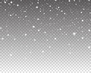 Realistic falling snow. Snow overlay effect. Falling snow isolated on transparent background. Vector illustration. 