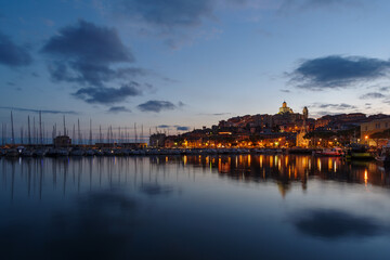 Townscape of the old town of Imperia at dusk, Liguria, Italy