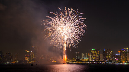 Beautiful colorful fireworks at night sky with city scape view on background.