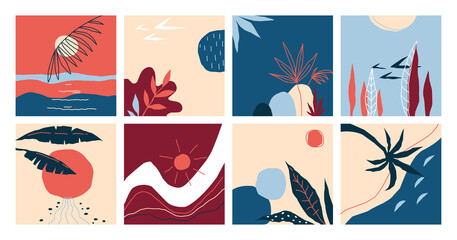 Doodle banners. Abstract hand drawn landscapes. Tropical leaves and sunset or sunrise, seashore and sky. Collection of minimalistic shapes in worm colors. Square modern posters, vector set
