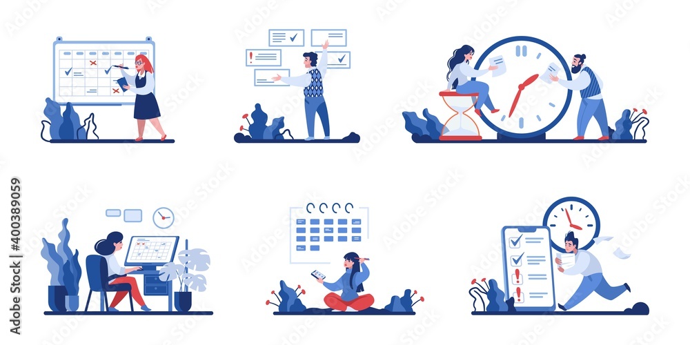 Fototapete time management scenes. workers organizing activities. efficiency work concept. planning and marking