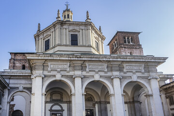 Basilica of San Lorenzo Maggiore (Saint Lawrence) in Milan, Italy. Basilica of San Lorenzo Maggiore originally built in Roman times and subsequently rebuilt several times.