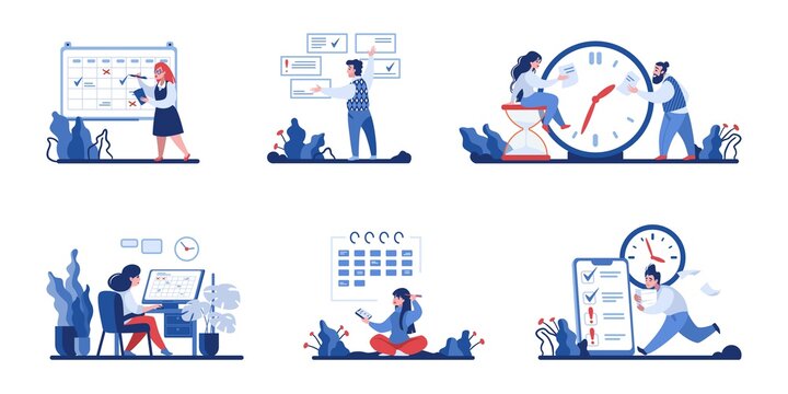 Time management scenes. Workers organizing activities. Efficiency work concept. Planning and marking completed tasks or schedule control. Workflow optimization, vector busy people set