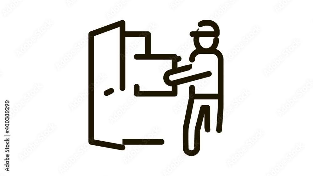 Canvas Prints courier with box enters door icon animation. black courier with box enters door animated icon on whi