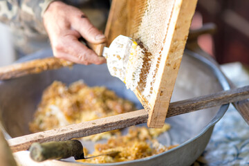 Preparing honey frames for the honey extractor process.