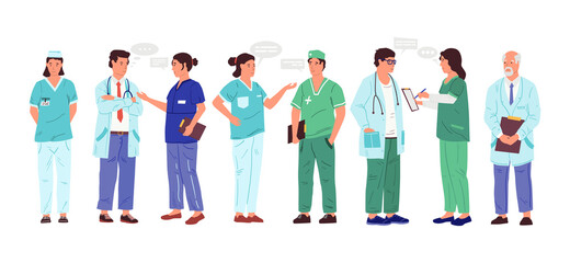 Nurse and doctor. Cartoon medical workers with speech bubbles. Isolated men and women talking. Employees wear uniform in hospital. People stand in row and speak, vector communication set