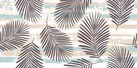 Tropical pattern, palm leaves seamless vector floral background. Exotic plant on blue stripes print illustration. Summer nature jungle print. Leaves of palm tree on paint lines. ink brush strokes