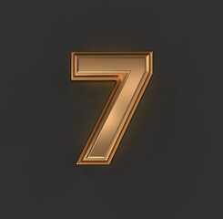 vintage orange gold or copper metal alphabet - number 7 isolated on grey, 3D illustration of symbols