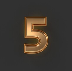 vintage orange gold or copper metallic font - number 5 isolated on grey background, 3D illustration of symbols