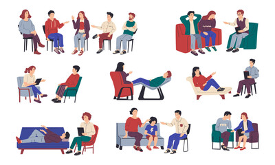 Psychology therapy. Family and individual or group meeting with psychologist. Isolated people sitting on chair or lying on couch and talking with doctor. Frank conversation, vector set