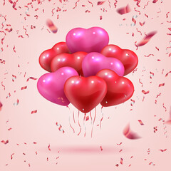 Flying heart shaped balloons. Realistic 3D bouquet for Valentine or mothers day. Holiday fun and congratulations. Romantic greeting decorative elements and confetti, vector illustration