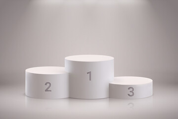 Winner pedestal. Realistic 3D podium with first second and third places, champion platform. Light and shadow effects, reflection and glossy floor. Vector stepped stage for award ceremony