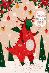 New Year card with zodiac dragon in red bull pajamas for 2021. Vector illustration of a dragon on a beige background with a Christmas tree