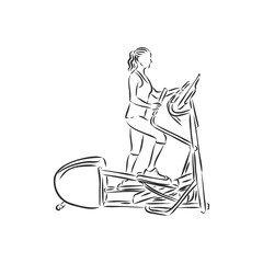 Obraz premium Hand drawn treadmill doodle. Sketch sports equipment and simulators, icon. Decoration element. Isolated on white background. Vector illustration.