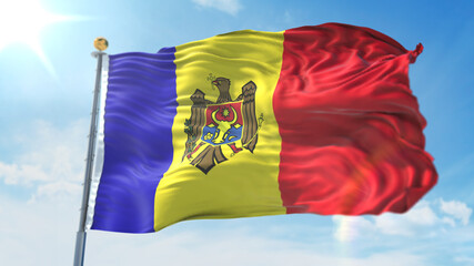 4k 3D Illustration of the waving flag on a pole of country Moldova