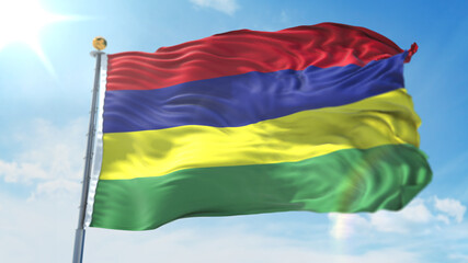 4k 3D Illustration of the waving flag on a pole of country Mauritius