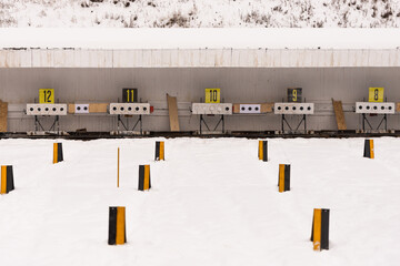 Shooting range for biathlon. Biathlon stadium for training. four hits out of five. Targets for shooting.