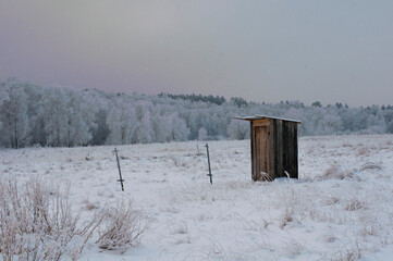 A wooden toilet stands in a snow-covered field. Forest in the background.
