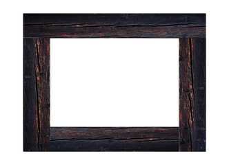 Vintage dark rustic wood frame isolated on white background old brown planks. Retro vintage frame ideal for advertisement background and photography concept. Picture frame isolated on white.