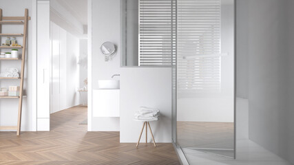 Minimalist bathroom in white tones with large shower with glass cabin, ladder shelf, side table with towels, herringbone parquet, window with venetian blinds, interior design concept