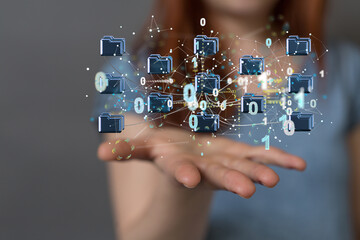 Data cloud storage network from lines, triangles and particle style design.