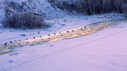 Winter landscape with a frozen river bank line, a golden streak of water and a line of footprints in the snow.