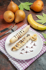 front view delicious banana with pears on dark background fruit tree photo sweet taste